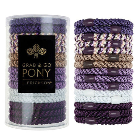 L. Erickson Grab & Go Pony Tube in Huckleberry. Set of 15 no-damage ponytail holders in rich berry and plum shades. Available at Be Charmed.