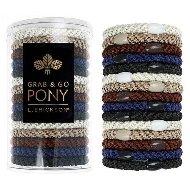 L. Erickson Grab & Go Pony Tube in Neutral. Set of 15 strong, no-damage ponytail holders in soft neutral tones. Available at Be Charmed.