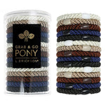 Set of colorful hair ties with packaging labeled 'Grab & Go Pony' on a white background. Available at Be Charmed