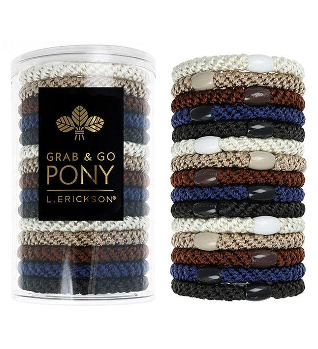 Set of colorful hair ties with packaging labeled 'Grab & Go Pony' on a white background. Available at Be Charmed