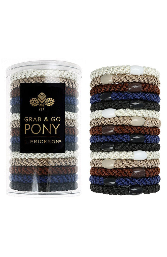 Set of colorful hair ties with packaging labeled 'Grab & Go Pony' on a white background. Available at Be Charmed