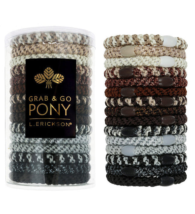 L. Erickson Grab & Go Pony Tube in Nouveau Neutrals. Set of 15 no-damage ponytail holders in modern muted tones. Available at Be Charmed.
