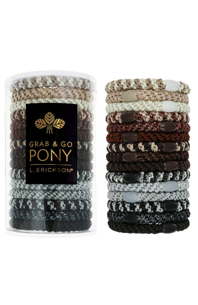 L. Erickson Grab & Go Pony Tube in Nouveau Neutrals. Set of 15 no-damage ponytail holders in modern muted tones. Available at Be Charmed.