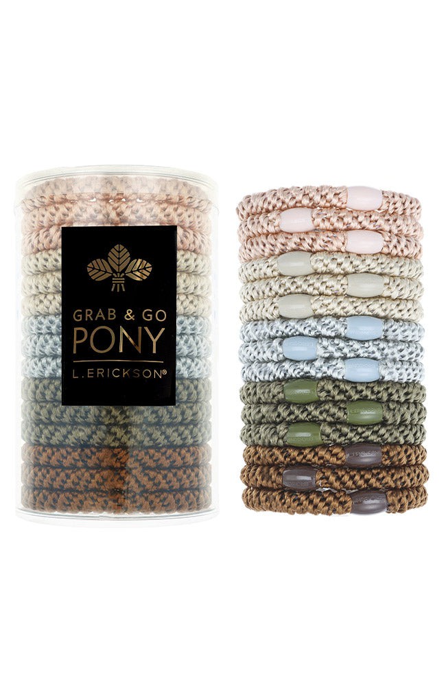 L. Erickson Grab & Go Pony Tube in Toasted. Set of 15 strong, no-damage ponytail holders in warm neutral tones. Available at Be Charmed.
