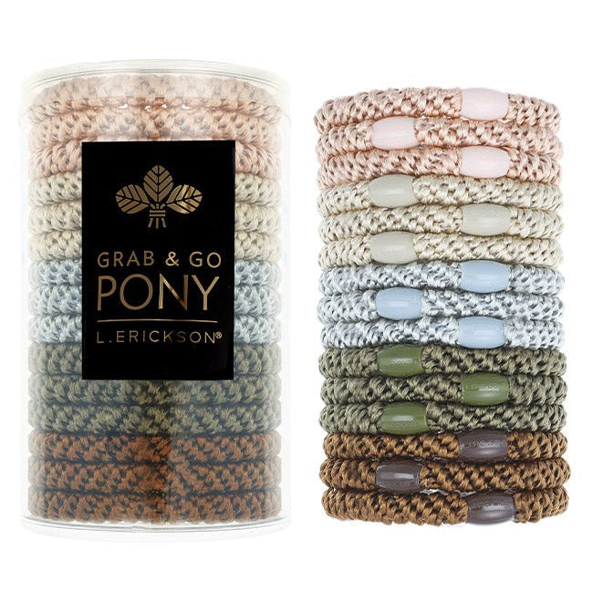 L. Erickson Grab & Go Pony Tube in Toasted. Set of 15 strong, no-damage ponytail holders in warm neutral tones. Available at Be Charmed.