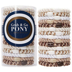 Packaged hair ties with 'Grab & Go Pony' label on a white background. Available at Be Charmed