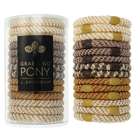 L. Erickson Grab & Go Pony Tube in Oatmeal. Set of 15 no-damage ponytail holders in soft, cozy neutrals. Available at Be Charmed.