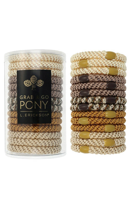 L. Erickson Grab & Go Pony Tube in Oatmeal. Set of 15 no-damage ponytail holders in soft, cozy neutrals. Available at Be Charmed.
