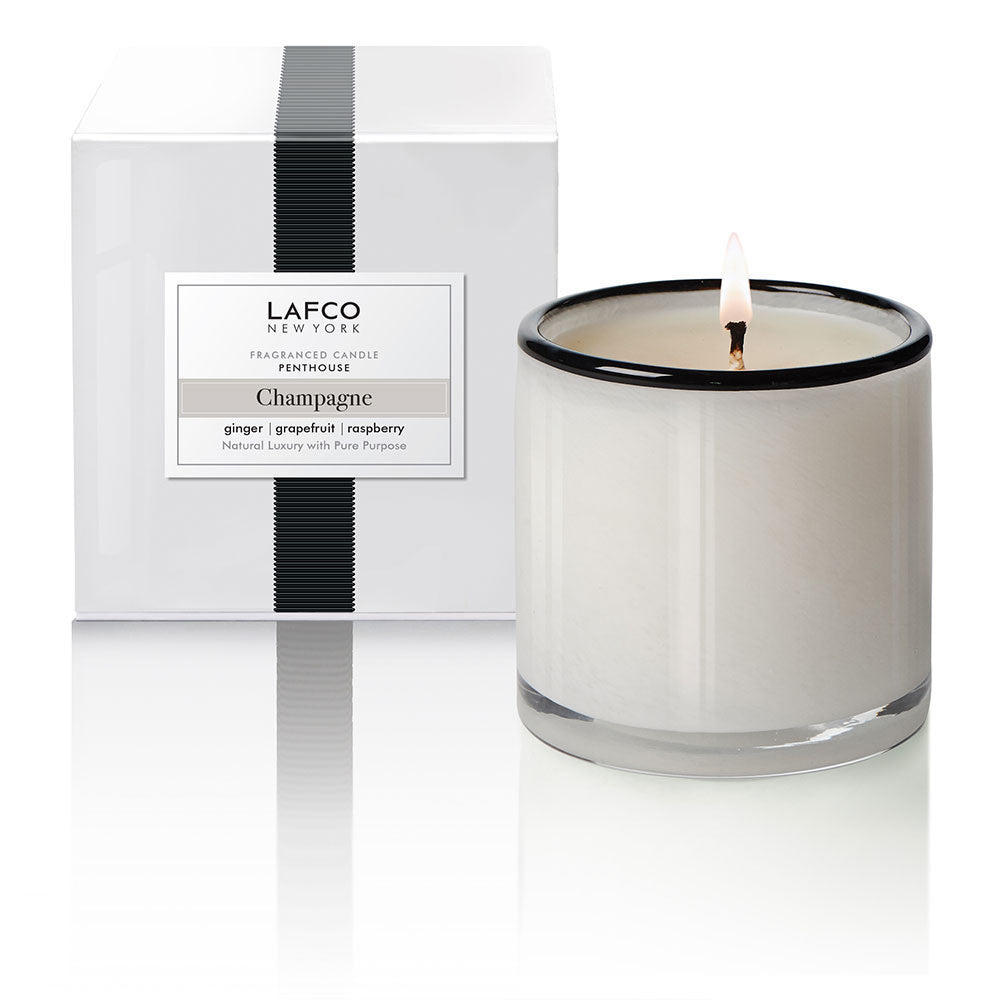 LAFCO 15.5 oz Candle Penthouse in Champagne scent with citrus, ginger, and raspberry notes. Sparkling luxury fragrance. Available at Be Charmed.