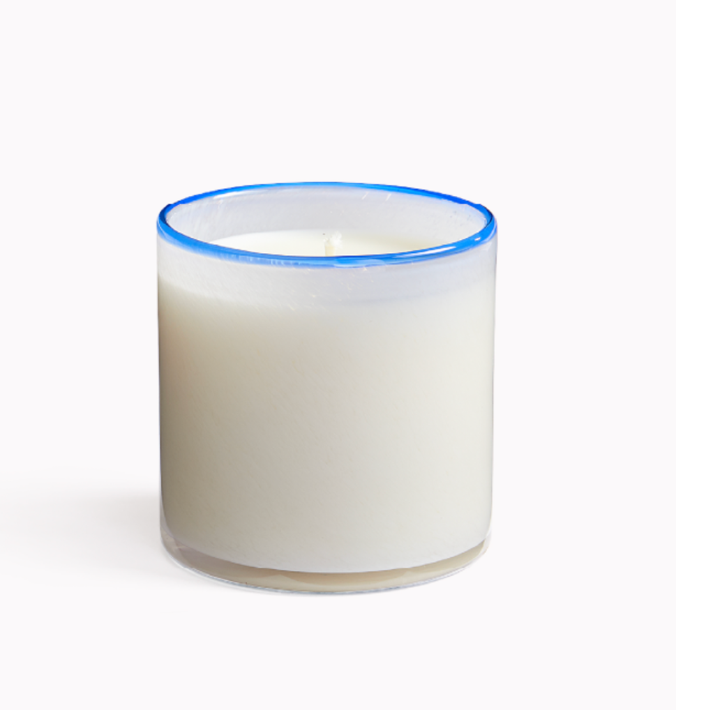 A luxury LAFCO Fog and Mist Lighthouse 15.5 oz soy wax candle housed in a hand-blown artisan glass vessel, available at Be Charmed.
