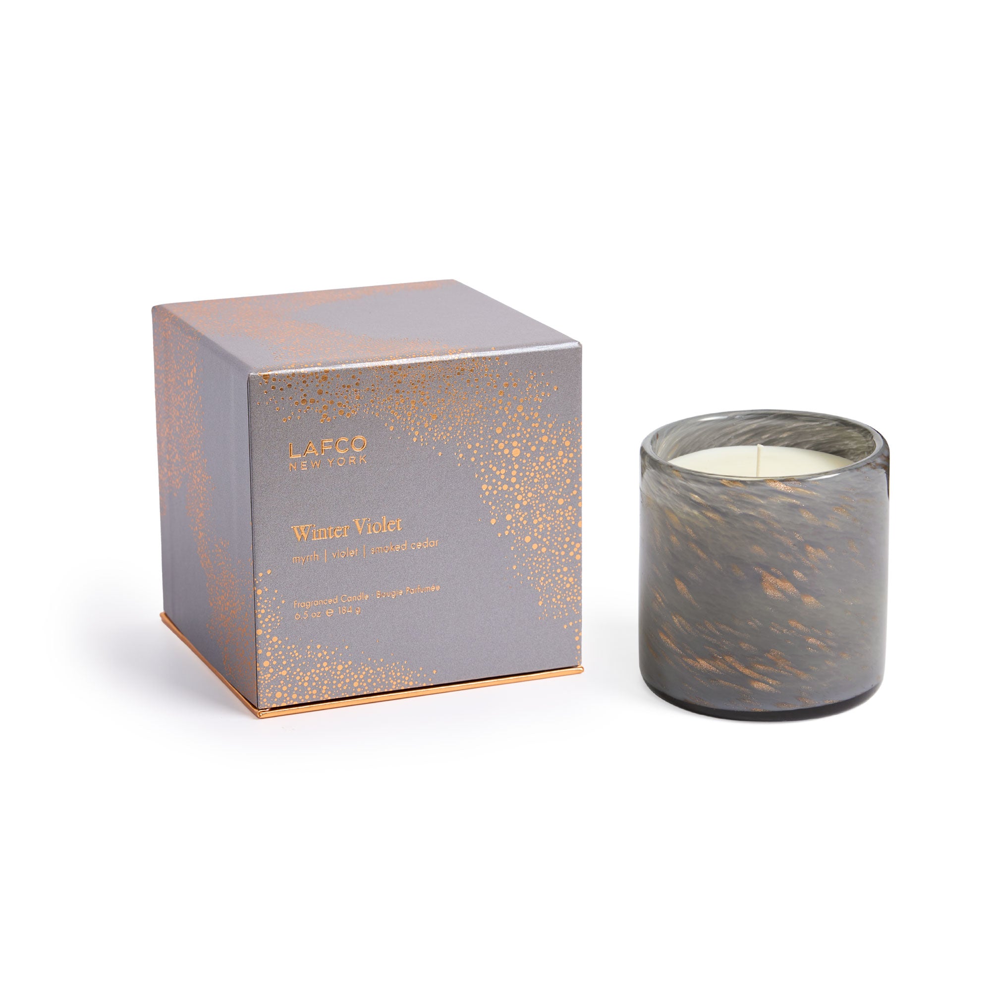 LAFCO 6.5 oz Candle in Winter Violet scent with notes of violet, cedarwood, and musk. Elegant seasonal fragrance. Available at Be Charmed.