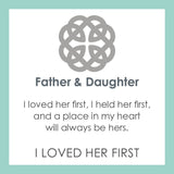 Product Card for A Lola silver pendant with an enamel inlay design, featuring a geometric pattern and the text 'I loved her first'. Available at Be Charmed