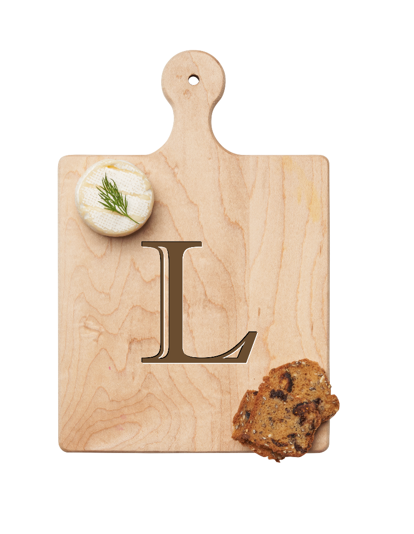 Maple Leaf 9x6 Initial Board L with Spreader. Personalized wooden serving board with monogram design. Perfect gift. Available at Be Charmed.