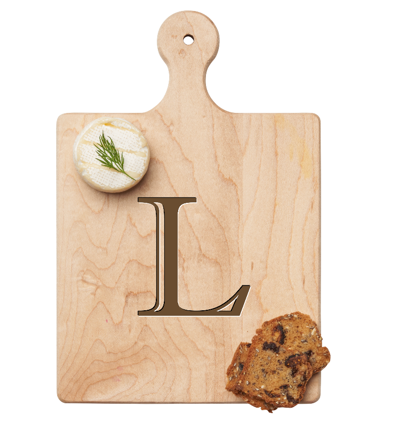 Maple Leaf 9x6 Initial Board L with Spreader. Personalized wooden serving board with monogram design. Perfect gift. Available at Be Charmed.