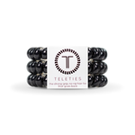 A pack of large Teleties hair ties in Jet Black, presented in a white box with the Teleties logo. Available at Be Charmed