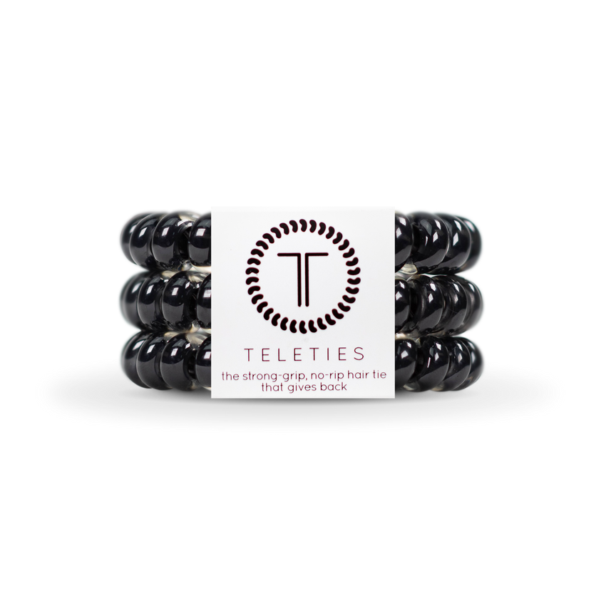 A pack of large Teleties hair ties in Jet Black, presented in a white box with the Teleties logo. Available at Be Charmed