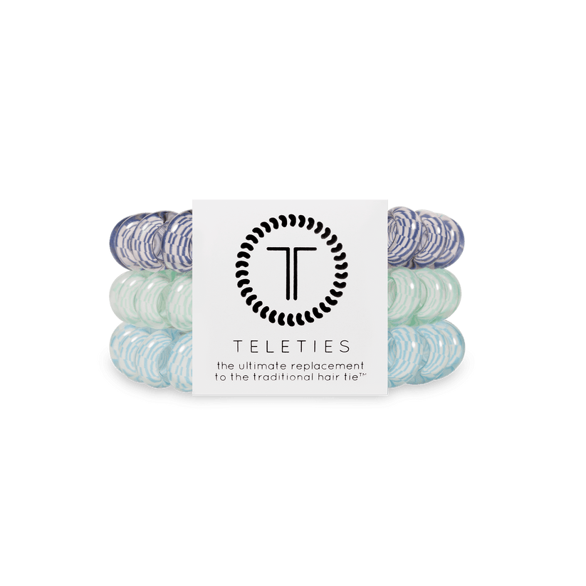 Large Totally Turquoise Teleties Hair Ties with strong grip, water‑resistant and no crease—available at Be Charmed.