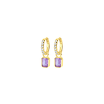 Lavender Quartz Gold hoop earrings with purple gemstones on a white background. Available at Be Charmed
