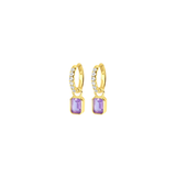 Lavender Quartz Gold hoop earrings with purple gemstones on a white background. Available at Be Charmed