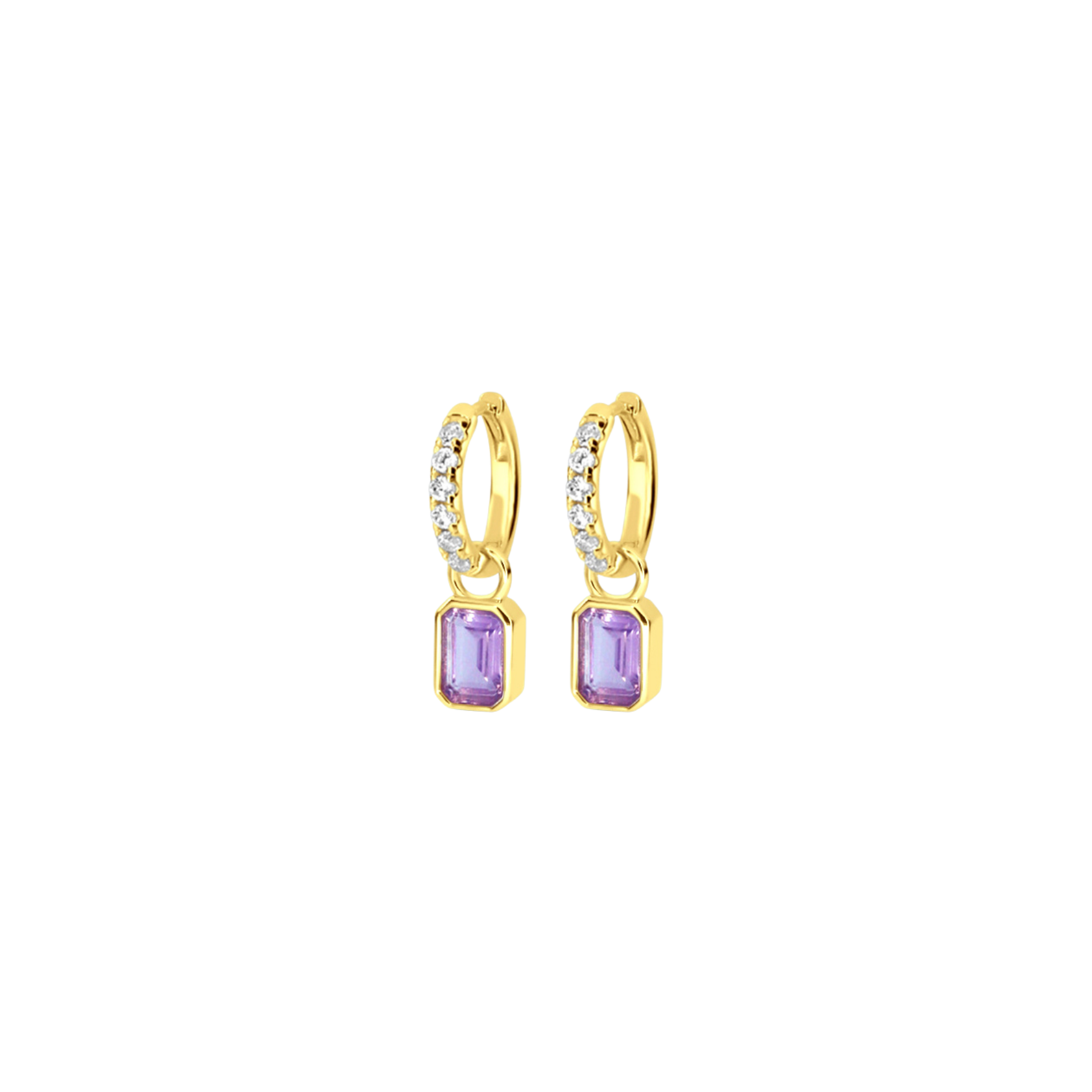 Lavender Quartz Gold hoop earrings with purple gemstones on a white background. Available at Be Charmed