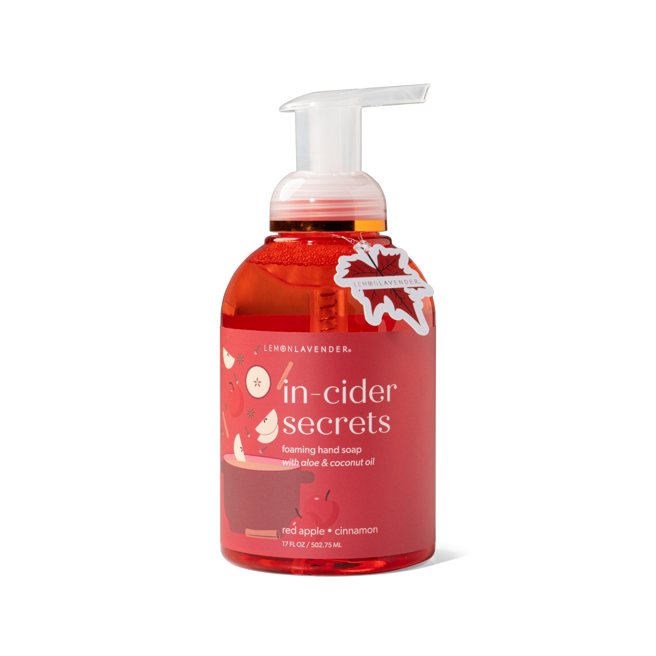 Red bottle of 'in-cider secrets' foaming hand soap with pump on a white background. Availale at Be Charmed