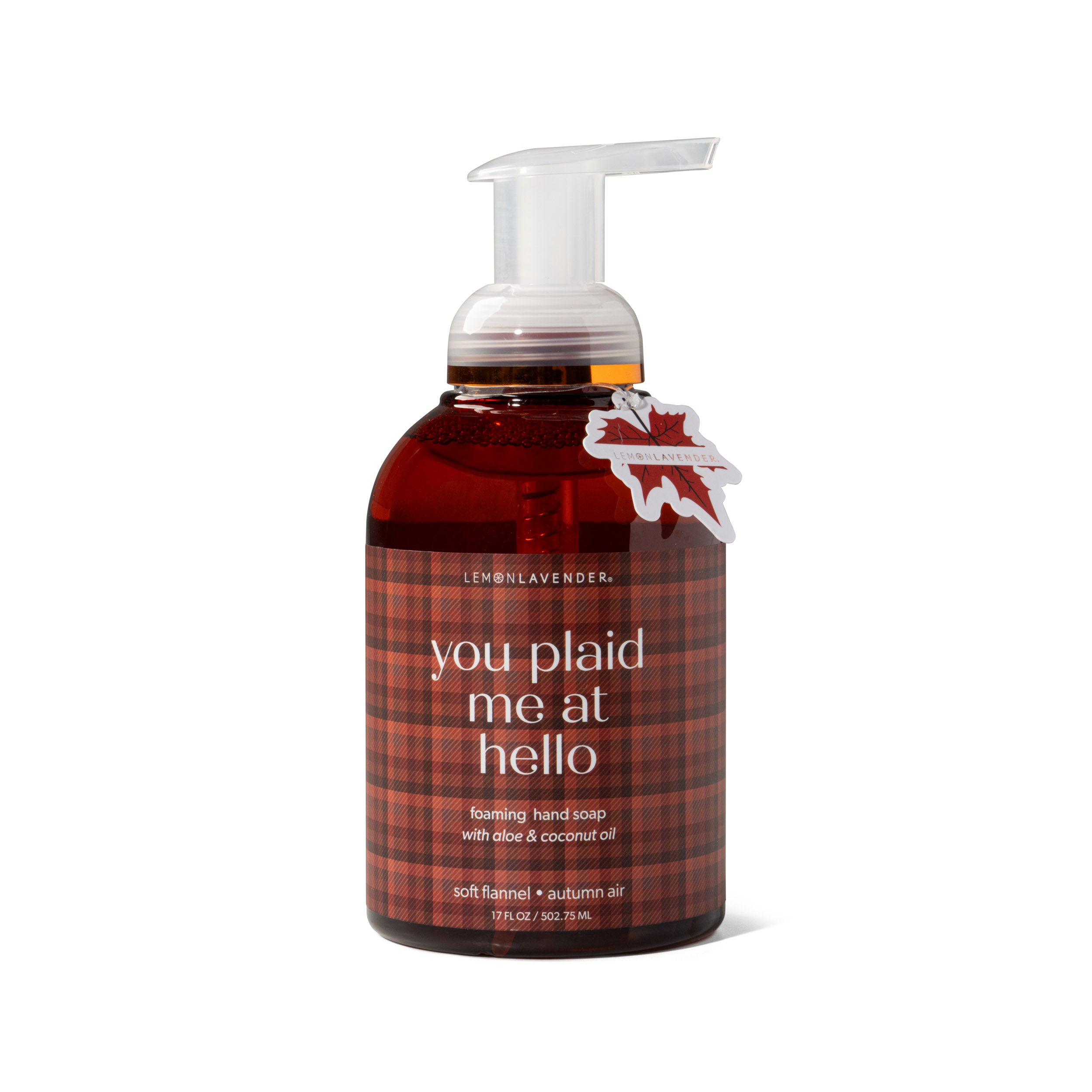 Foaming hand soap bottle with plaid design and text on a white background. Available at Be Charmed
