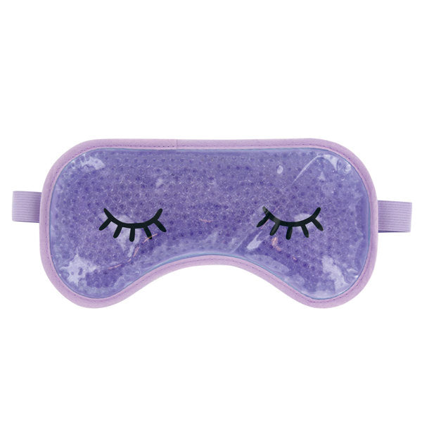 A lavender gel eye mask with closed eye designs on the front, designed to be used hot or cold for soothing eye comfort. Available at Be Charmed