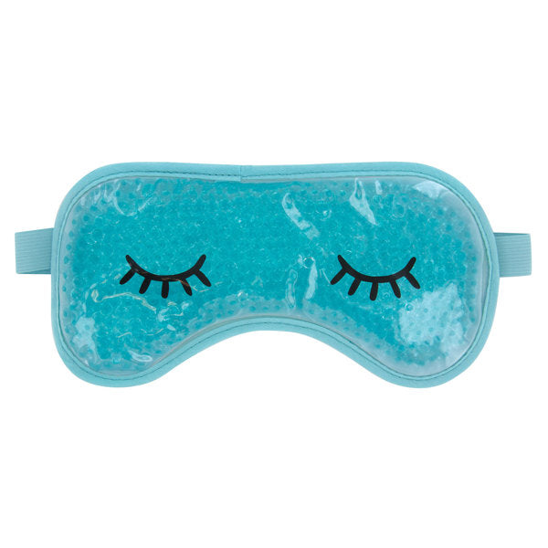 A mint gel eye mask with closed eye designs on the front, designed to be used hot or cold for soothing eye comfort. Available at Be Charmed