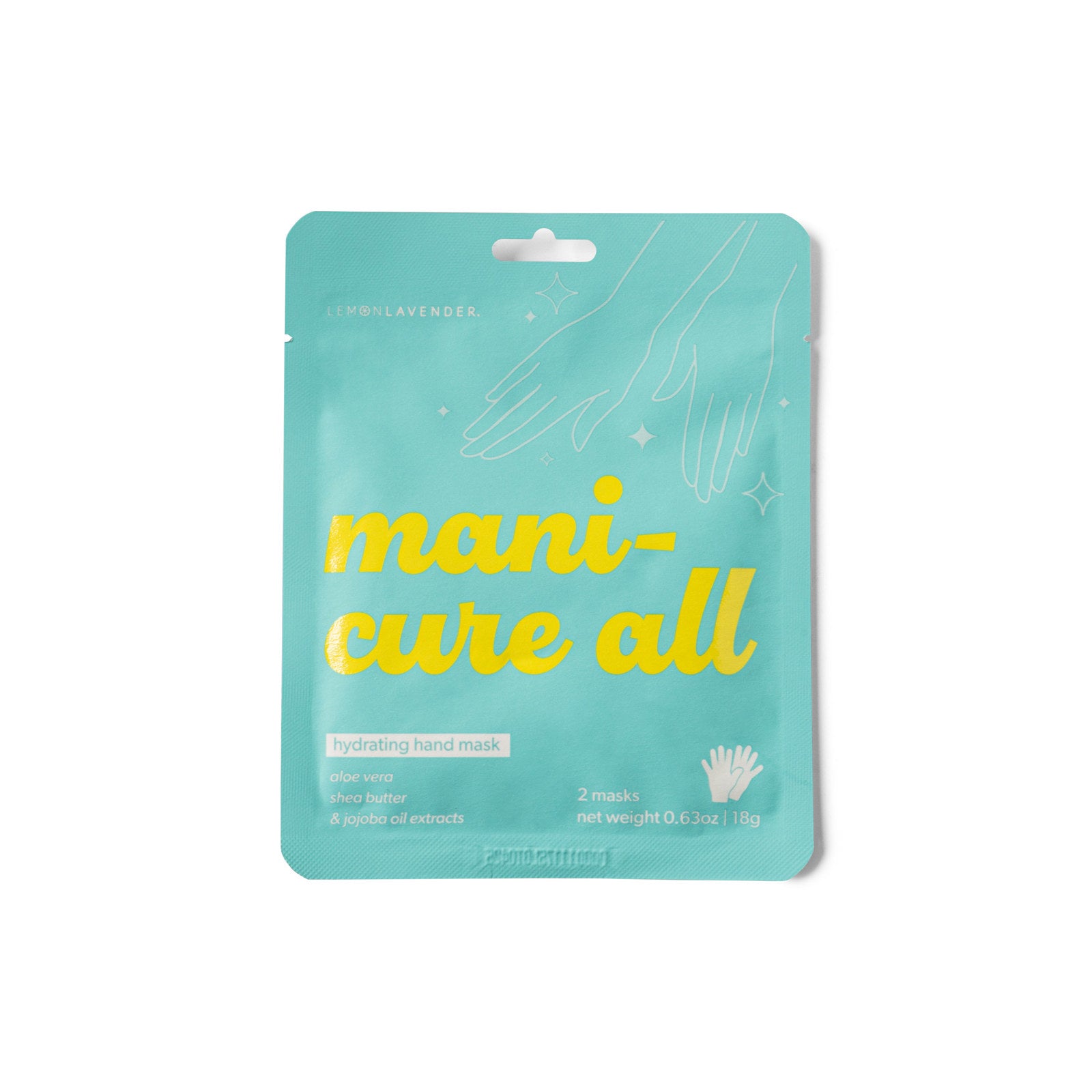 Teal package of 'manicure all' hand masks with yellow text on a white background. Available at Be Charmed