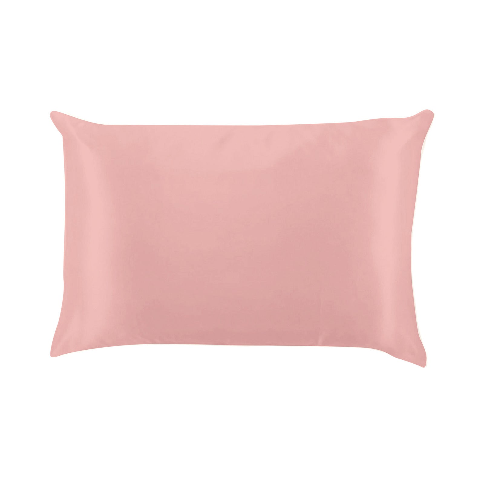 Pink satin pillowcase on a white background. Available at Be Charmed
