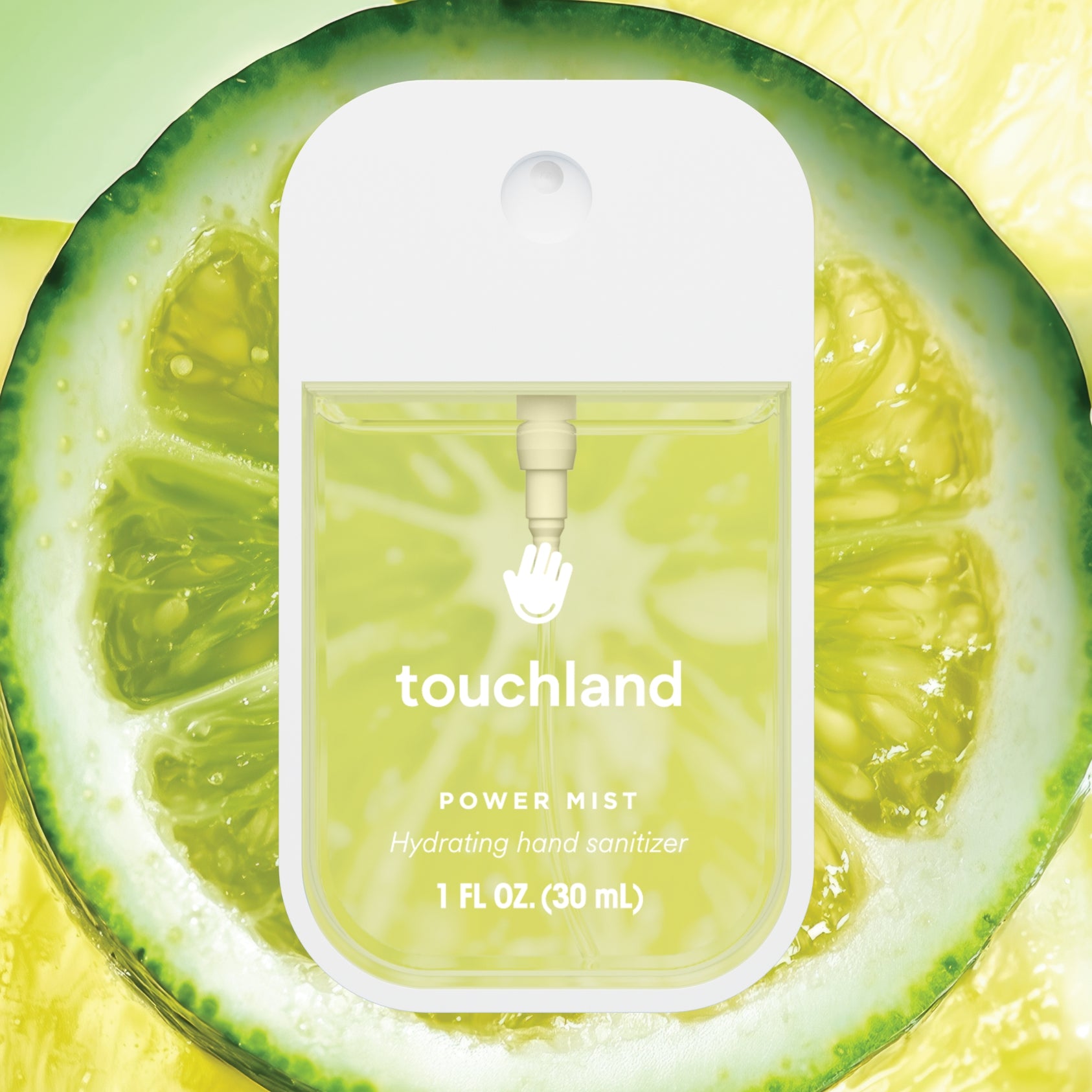 Touchland power mist hydrating hand sanitizer packaging on a green and yellow background. Available at Be Charmed