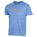 Light Blue Be Charmed Medfield Arch adult tri-blend tee by Champion – ultra-soft athletic shirt with vintage Medfield arch graphic and classic fit, available at Be Charmed.