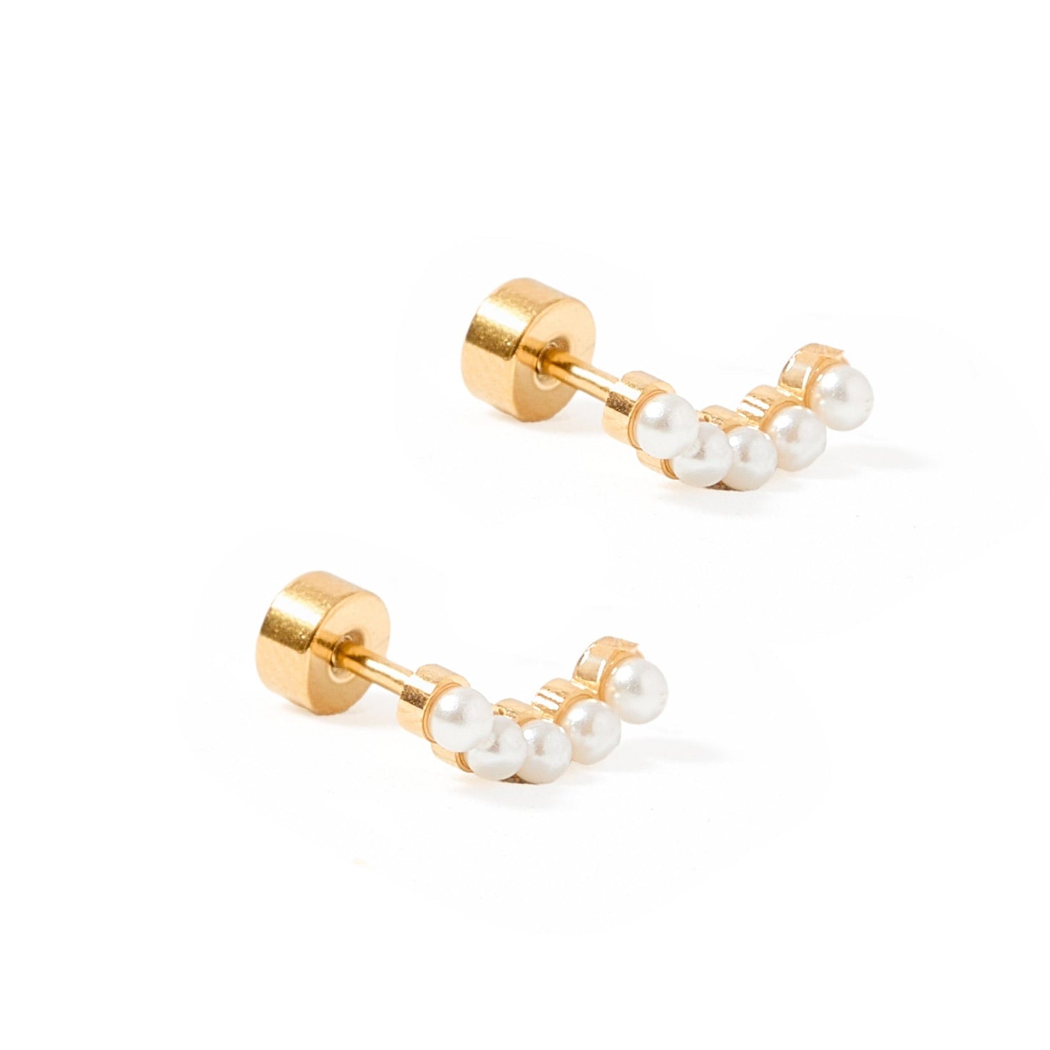 Pair of gold earrings with pearl beads on a white background. Available at Be Charmed