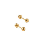 Pair of gold barbell earrings on a white background. Available at Be Charmed