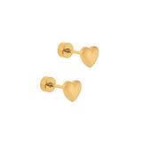 Pair of gold heart-shaped earrings on a white background. Available at Be CHarmed