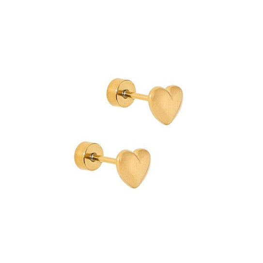 Pair of gold heart-shaped earrings on a white background. Available at Be CHarmed