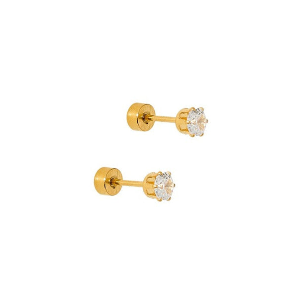 Gold stud earrings with clear gemstones on a white background. Available at Be Charmed