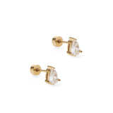 Gold stud earrings with clear gemstones on a white background. Available at Be Charmed