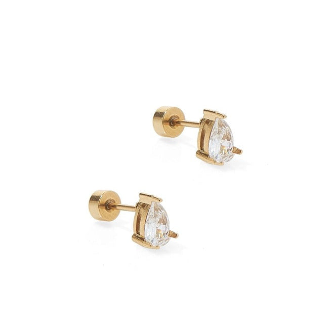 Gold stud earrings with clear gemstones on a white background. Available at Be Charmed
