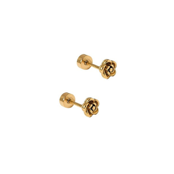 Pair of gold rose-shaped earrings on a white background. Available at Be Charmed