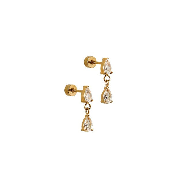 Gold earrings with clear gemstones on a white background. Available at Be Charmed