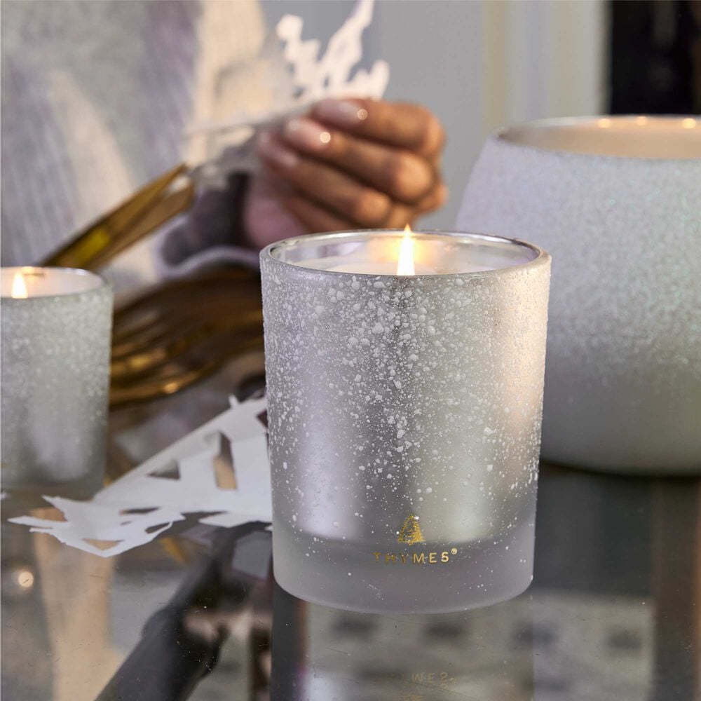 Lit Thymes Frasier Fir Flocked 6.5 oz Poured Candle with festive pine fragrance and decorative flocked design. Available at Be Charmed.