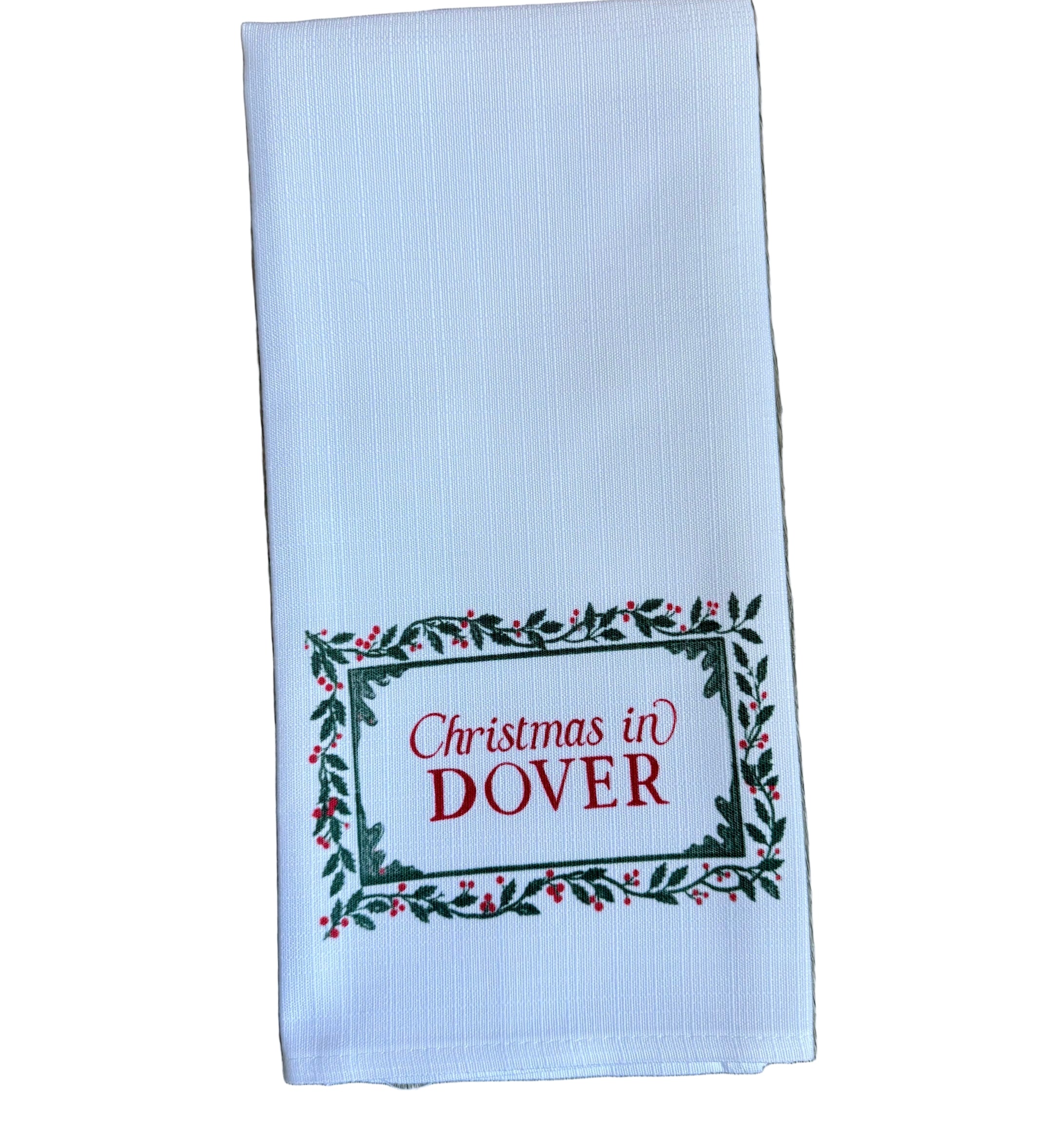 Dover Little Birdie Holly Border Town Tea Towel – festive holiday kitchen towel with charming town design, handcrafted and available at Be Charmed.