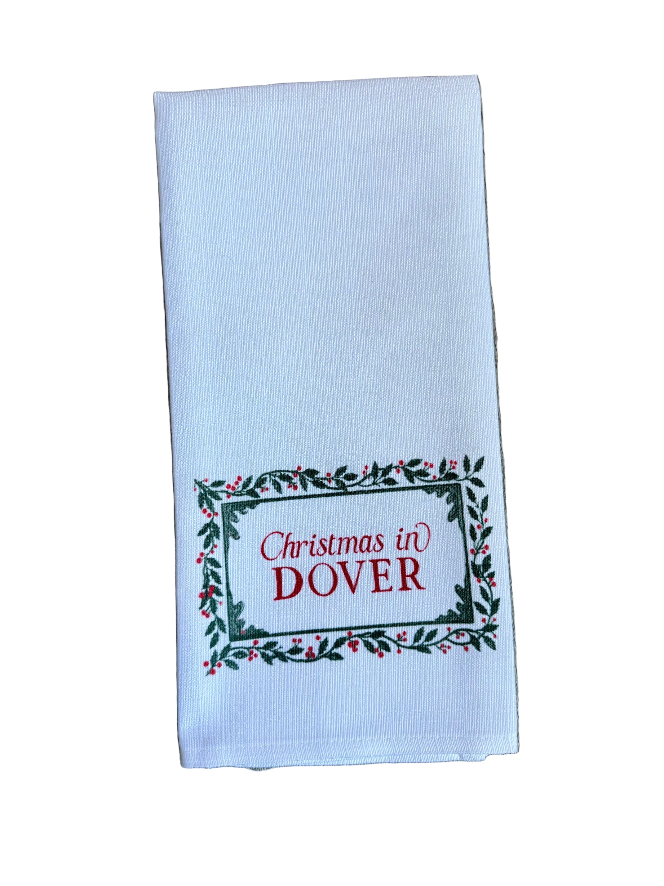 Dover Little Birdie Holly Border Town Tea Towel – festive holiday kitchen towel with charming town design, handcrafted and available at Be Charmed.