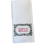 Millis Little Birdie Holly Border Town Tea Towel – festive holiday kitchen towel with charming town design, handcrafted and available at Be Charmed.