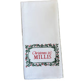 Millis Little Birdie Holly Border Town Tea Towel – festive holiday kitchen towel with charming town design, handcrafted and available at Be Charmed.