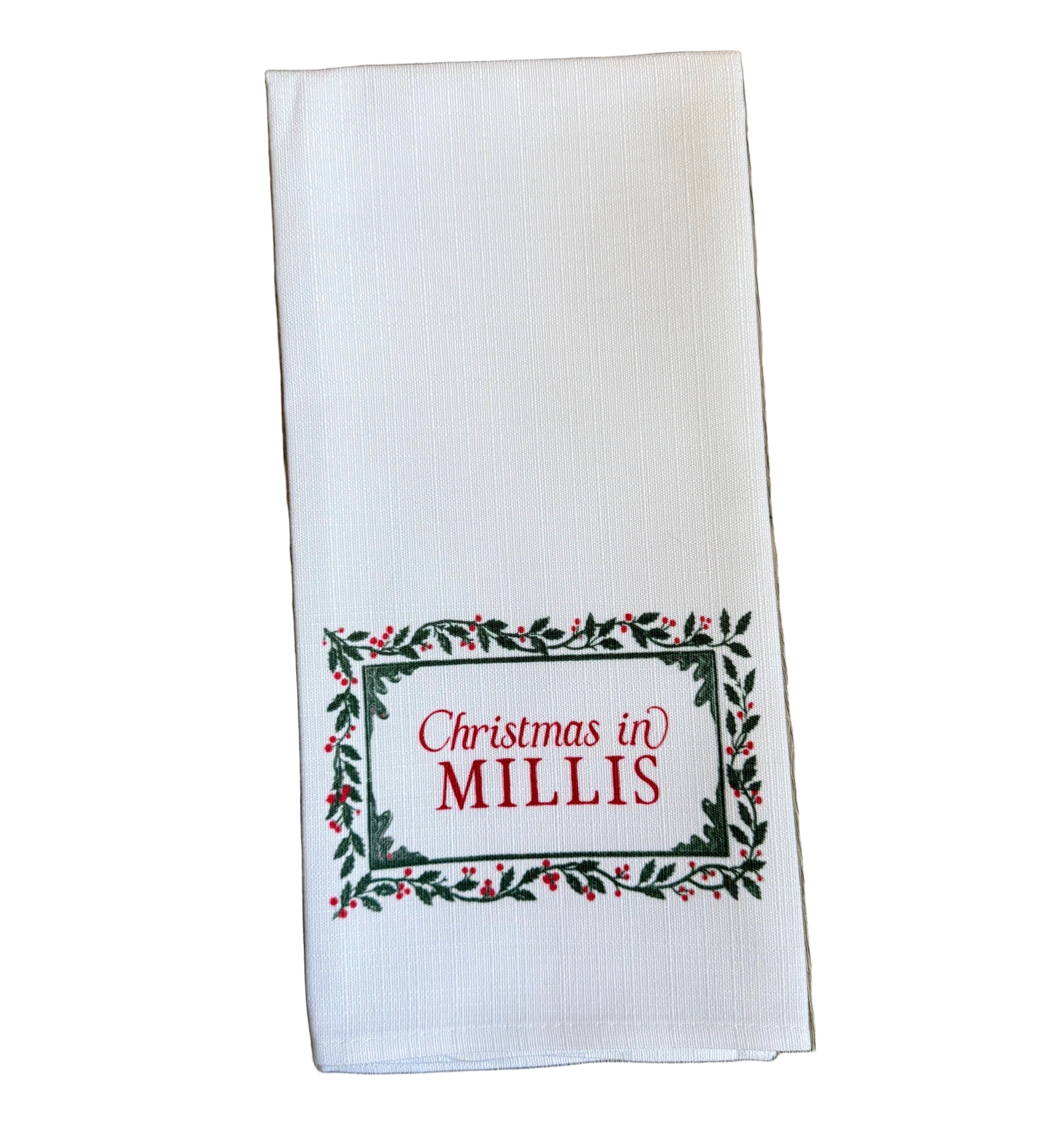 Millis Little Birdie Holly Border Town Tea Towel – festive holiday kitchen towel with charming town design, handcrafted and available at Be Charmed.