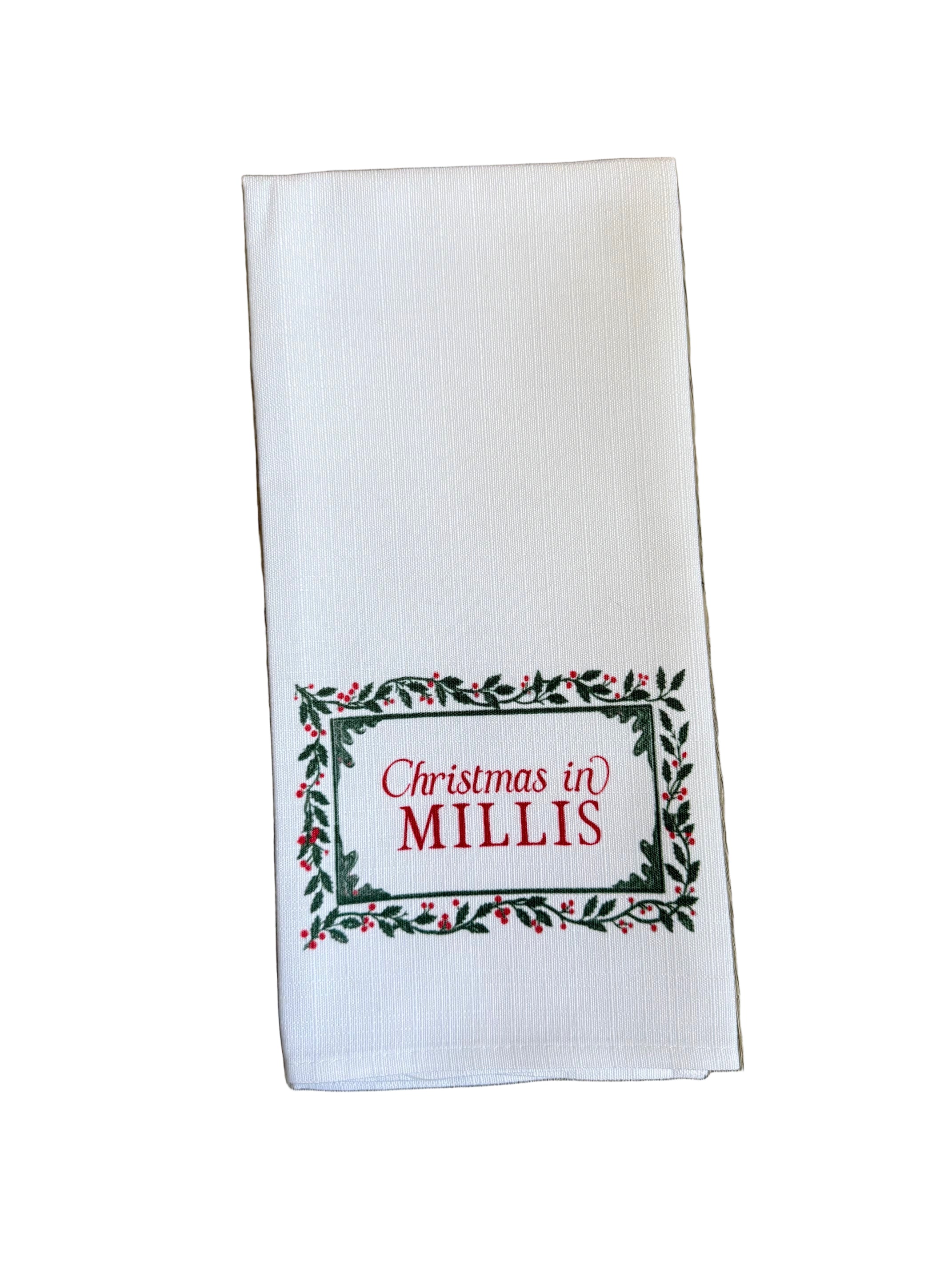 Millis Little Birdie Holly Border Town Tea Towel – festive holiday kitchen towel with charming town design, handcrafted and available at Be Charmed.