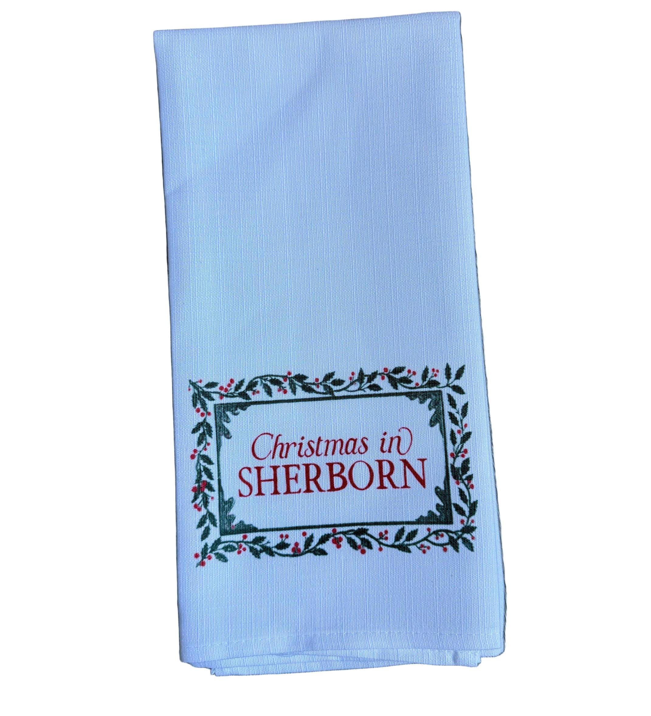 Sherborn Little Birdie Holly Border Town Tea Towel – festive holiday kitchen towel with charming town design, handcrafted and available at Be Charmed.