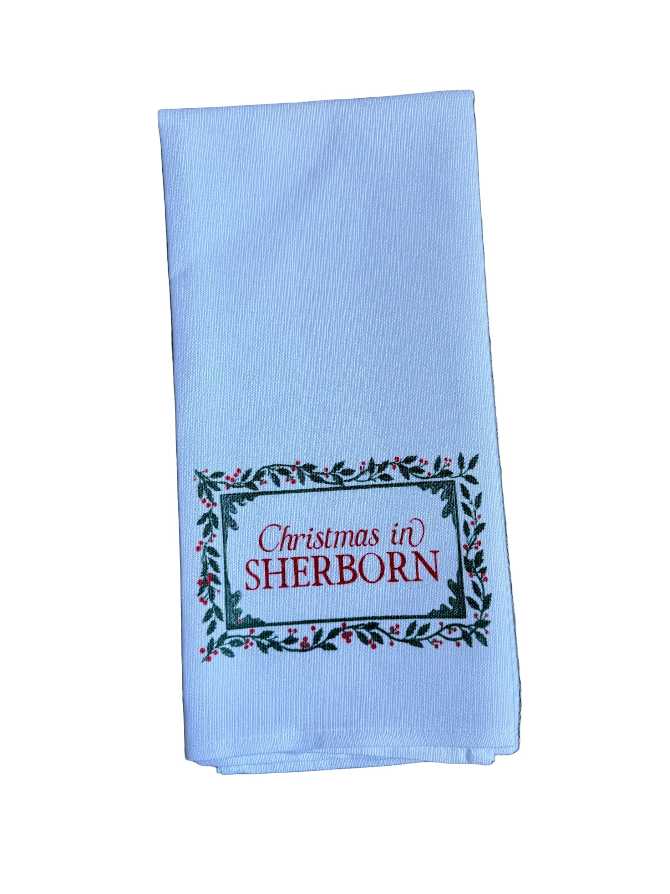 Sherborn Little Birdie Holly Border Town Tea Towel – festive holiday kitchen towel with charming town design, handcrafted and available at Be Charmed.